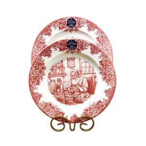 2 Royal Stafford Santa’s Workshop Dinner Plates Red Christmas NEW FS